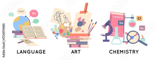 Fototapeta Cartoon Color Education Course Concept Language, Art and Chemistry Subjects Set Flat Design Style. Vector illustration