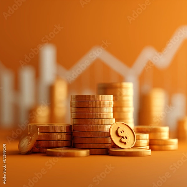 Fototapeta Golden coins stacked with dollar symbol and blurred financial growth chart in background representing investment and economic prosperity