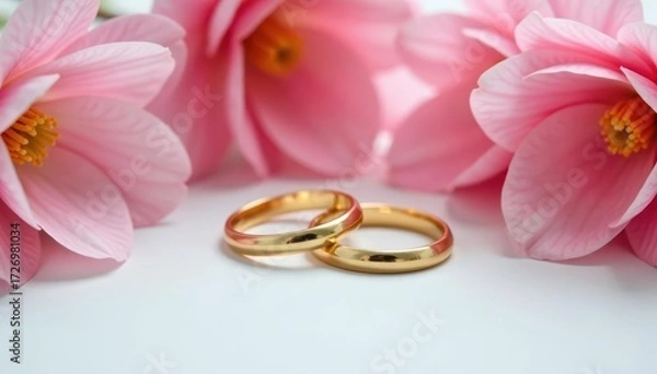Fototapeta Delicate pink blooms frame two gleaming gold wedding bands on pristine white , subtle, flowers