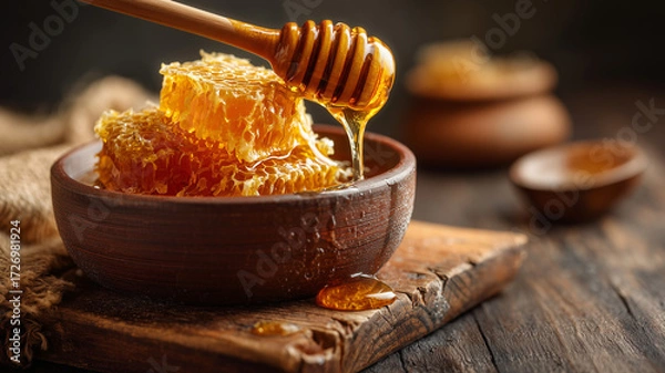 Fototapeta Honeycomb pieces in wooden bowl with dipper pouring honey, rustic composition. AI generated