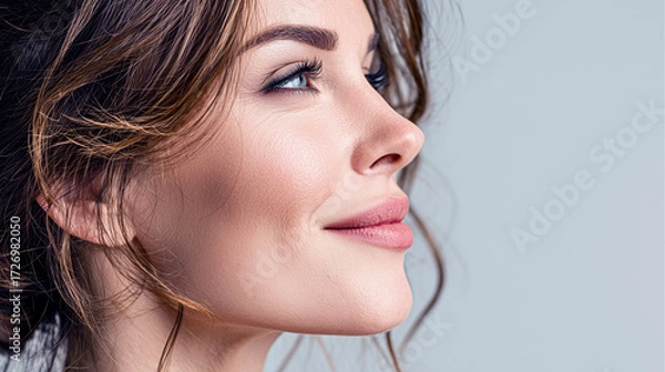 Fototapeta Smiling woman beauty portrait with elegant pose and clean background. AI generated