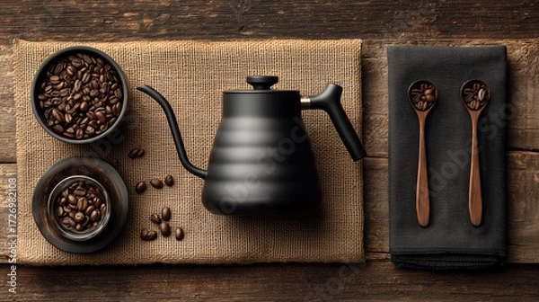Fototapeta Rustic coffee tray with cezve, cups, and scattered beans on wooden board. AI generated
