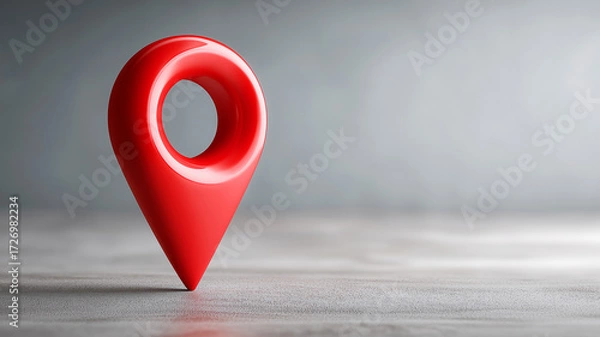 Obraz Red 3D map location pin standing on grey surface. AI generated.