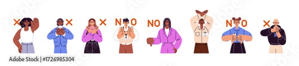 Obraz People refuse set. Characters say No, Not, Stop with X hand gesture. Men and women cross arms, thumbs down for negative answer, denial, disagree. Flat isolated vector illustrations on white background