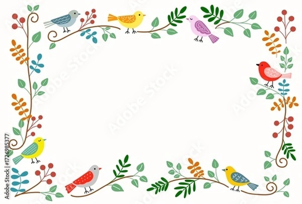 Obraz 北欧スタイル鳥と植物のフレームポストカード