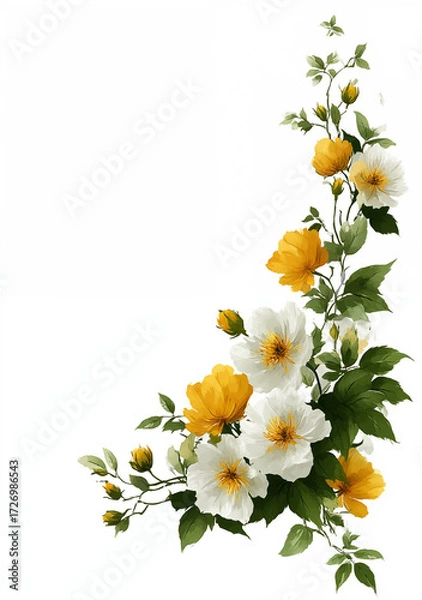 Fototapeta Corner floral arrangement with yellow and white wildflowers creating elegant botanical frame design on white background