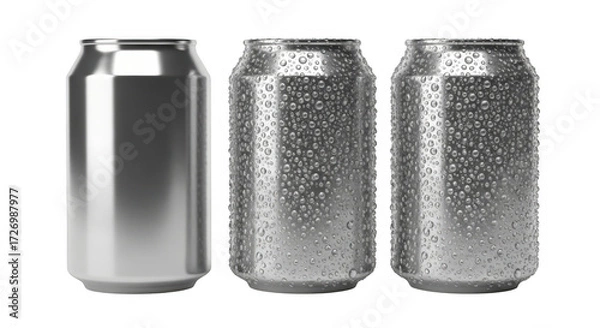 Obraz Three silver aluminum cans, one clean and two covered in condensation, are displayed on a transparent background