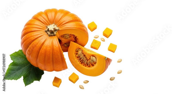 Obraz A whole pumpkin with a slice cut out, revealing its seeds and flesh, surrounded by diced pumpkin cubes and leaves, on a transparent background