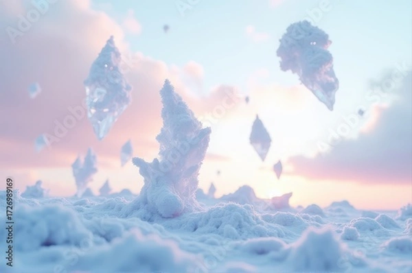 Fototapeta surreal winter landscape with floating ice crystals in pastel sky at sunrise. magical, dreamlike scene with soft snow. fantasy background, banner, cover.