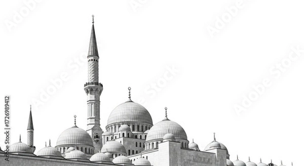 Obraz A detailed black and white illustration of a grand mosque with multiple domes and a tall minaret, isolated on a transparent background