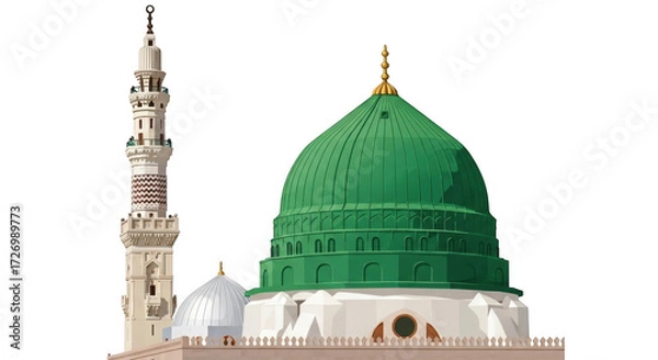 Obraz The prophets mosque in medina, saudi arabia, featuring its iconic green dome and a tall, slender minaret against a transparent background
