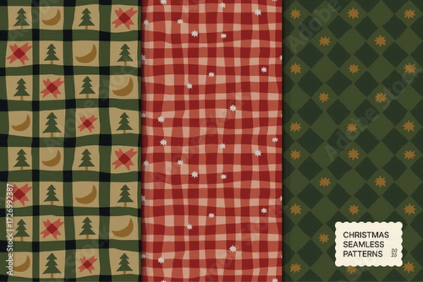 Fototapeta Vector set of Christmas seamless patterns. Traditional plaid textures. Holidays backgrounds for packaging and wrapping paper.