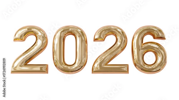 Fototapeta Matte gold number 2026 metallic shiny digits luxury celebration typography golden figures new year decoration isolated on white background