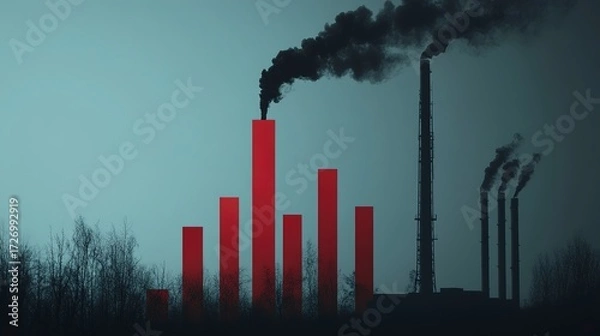 Fototapeta Decline in coal usage illustrated by a chart against a backdrop of smokestacks