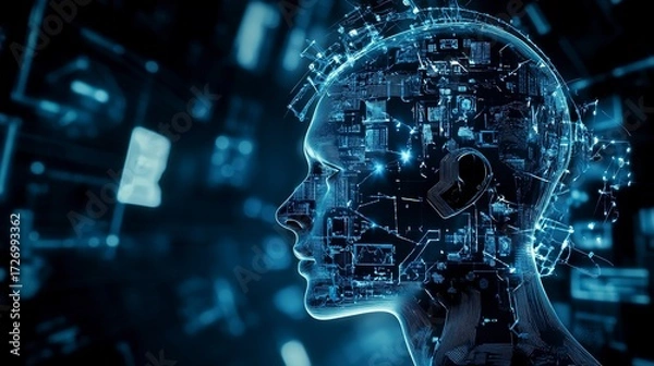 Fototapeta Engineer evaluates AI algorithms on machine learning platform in a digital environment