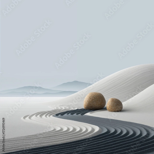 Fototapeta Zen garden with stone spheres and curved patterns in sand creating peaceful meditation landscape with misty mountains