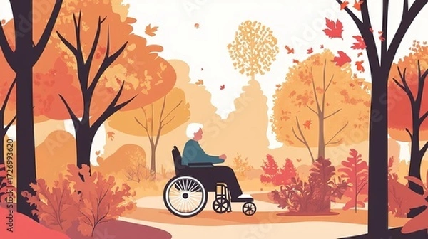 Fototapeta Senior person in wheelchair enjoying a peaceful autumn day in a serene park filled with colorful trees