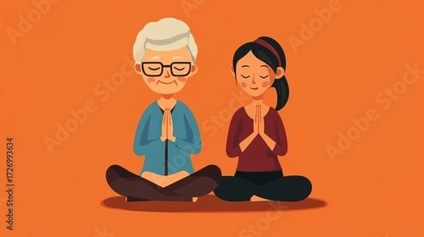Fototapeta Senior meditating peacefully with caregiver in a calm indoor setting around midday