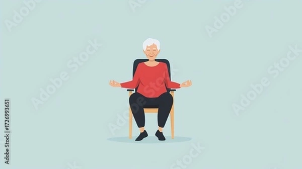Fototapeta Senior practicing chair yoga indoors to enhance flexibility and relaxation during morning routine