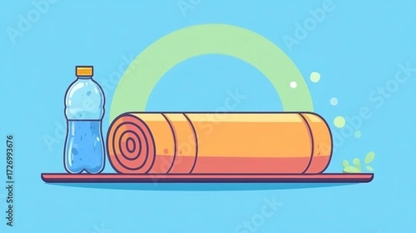 Fototapeta Yoga mat and water bottle in a calming setting for fitness or relaxation activities