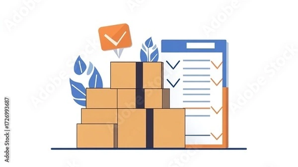 Fototapeta Checklist icon indicating successful shipment of items with stacked boxes and checkmarks
