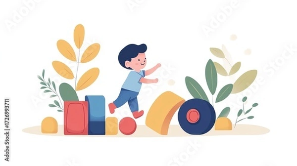 Fototapeta Child practices motor skills in a playful setting using colorful building blocks and nature elements