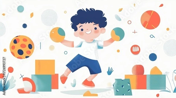 Fototapeta Child joyful in colorful play while practicing motor skills in a bright and cheerful environment