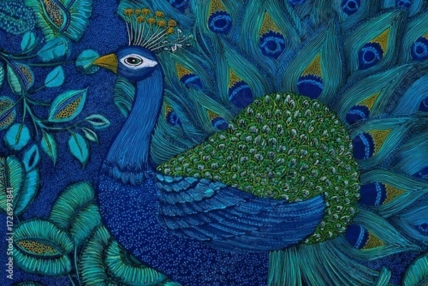 Fototapeta Hand-drawn peacock illustration in vibrant Indian folk art style, detailed colorful feathers with traditional decorative patterns, elegant exotic bird design for cultural and artistic creativity.