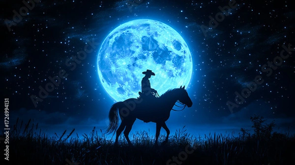Obraz Silhouette of Cowboy Riding Horse at Night with Massive Blue Full Moon – Surreal Fantasy Landscape in Hand-Drawn 3D Digital Art Style