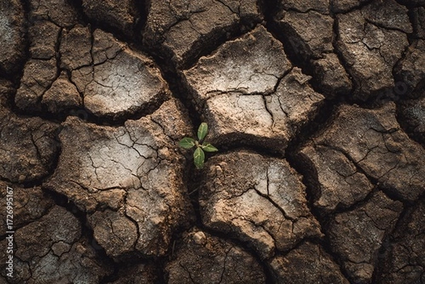 Fototapeta Small green seedling growing through cracked dry soil, powerful environmental symbol of hope, survival, and recovery against drought, climate change, and global warming challenges.