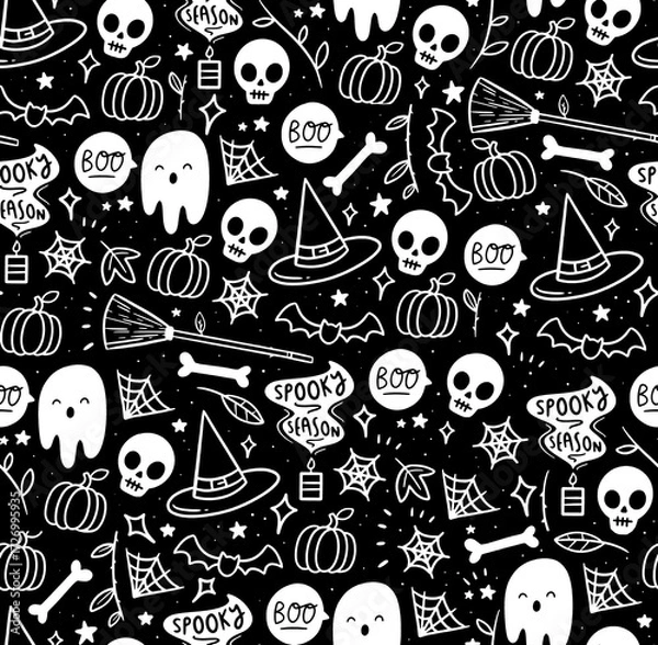 Fototapeta cute Halloween seamless pattern, black and white abstract texture textile 