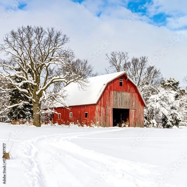 Obraz Red barn in winter snow