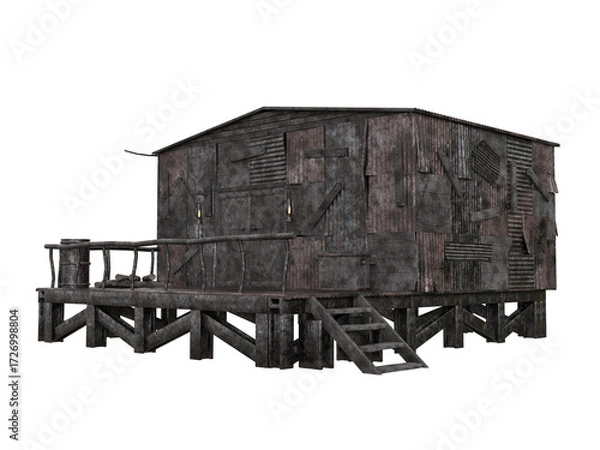Fototapeta Post apocalyptic shelter building constructed from scrap metal and wood. Corner view Isolated 3D rendered illustration.