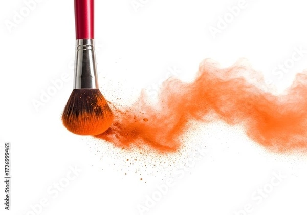 Obraz Makeup brush applying vibrant orange powder creating a wispy trail against a clean studio shot