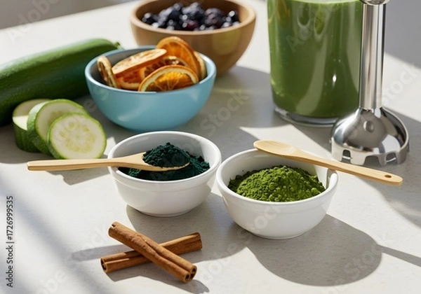 Obraz Fresh ingredients for healthy green smoothie preparation with zucchini blueberries and spices on a textured surface