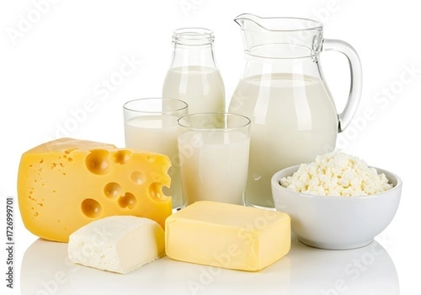 Obraz Assortment of fresh dairy products including cheese milk butter and yogurt isolated on a clean white surface perfect for food and beverage content