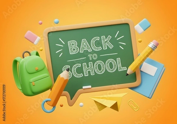 Obraz Vibrant back to school scene with green backpack chalkboard pencils notebook and school supplies on orange background