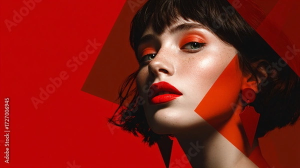 Fototapeta portrait of a woman with red lips on abstract red background

