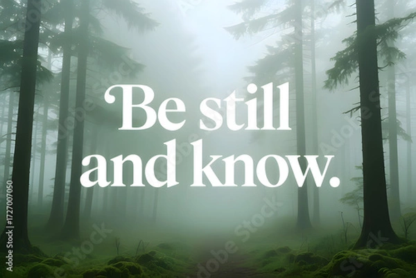 Fototapeta A motivational and spiritual quote displayed in bold, elegant white typography over a deeply atmospheric and tranquil forest setting