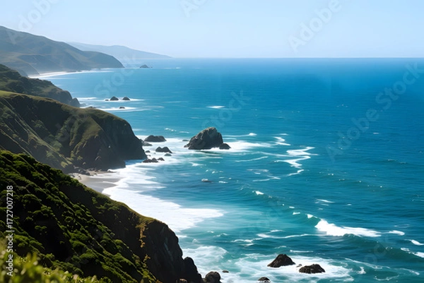 Fototapeta A breathtaking landscape view of a rugged coastline on a clear, sunny day. The image features steep