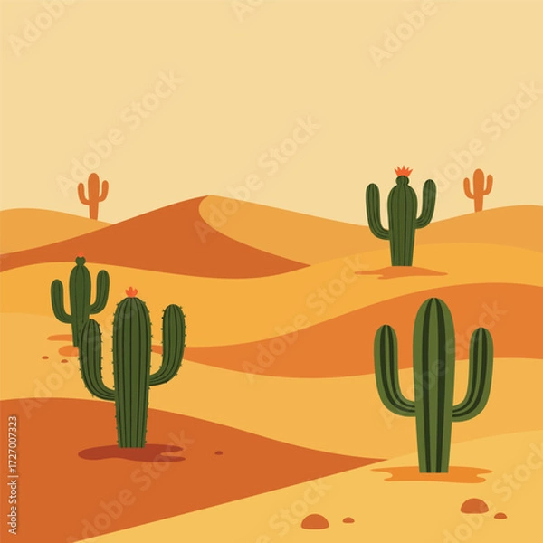 Fototapeta A vibrant vector illustration of a desert landscape with rolling sand dunes and saguaro cacti under a clear sky.