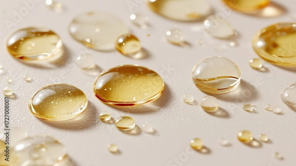 Fototapeta transparent skincare gel or oil blobs and droplets scattered across a clean