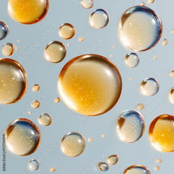 Fototapeta transparent skincare gel or oil blobs and droplets scattered across a clean