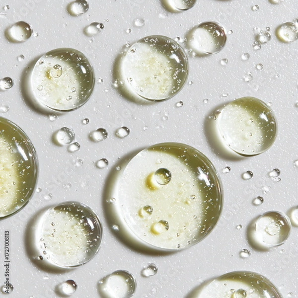 Fototapeta transparent skincare gel or oil blobs and droplets scattered across a clean