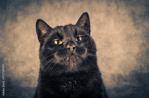 Fototapeta Portrait of a black cat with yellow eyes on a gray background