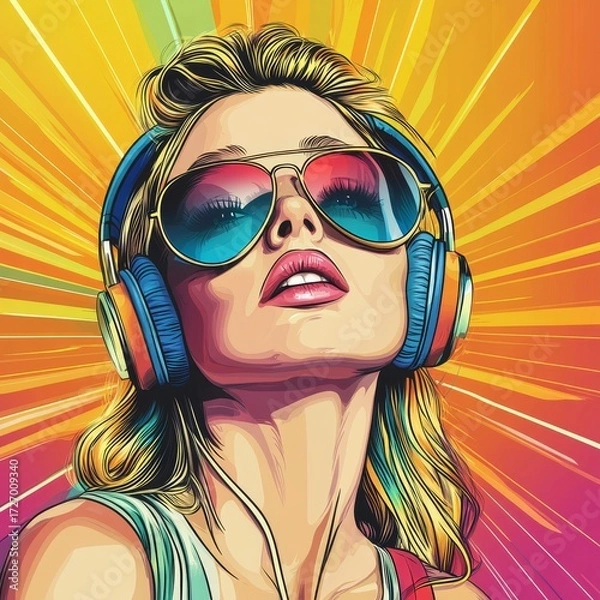 Fototapeta Pop art retro style pretty blonde young woman wearing headphones and sunglasses on vibrant colorful background. Created with, Generative AI
