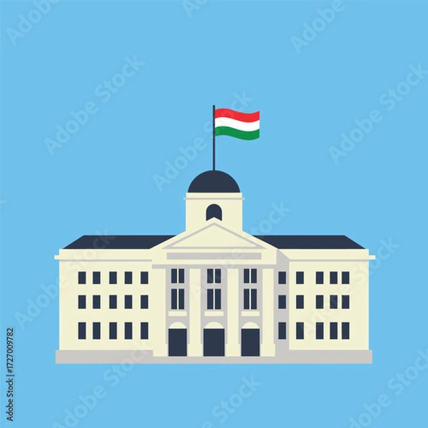 Fototapeta Flat vector illustration of a classical white building with a dome and the Hungarian flag on top, set against a blue background.