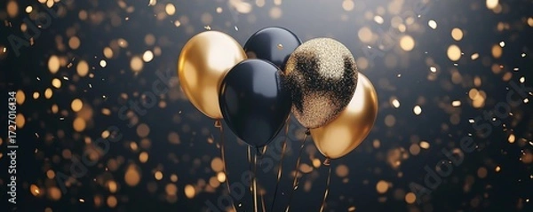Fototapeta Black and golden balloons and confetti on dark background. Birthday, holiday or party background. Banner with empty space for text. Festive greeting card. Created with, Generative AI