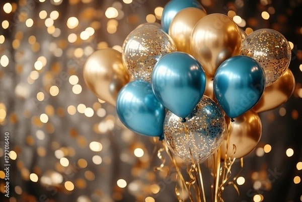 Fototapeta Holiday background with golden and blue metallic balloons, confetti and ribbons. Festive card for birthday party, anniversary, new year, christmas or other events. Created with, Generative AI