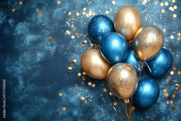 Fototapeta Holiday background with golden and blue metallic balloons, confetti and ribbons. Festive card for birthday party, anniversary, new year, christmas or other events. Created with, Generative AI